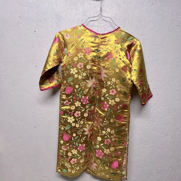 Vintage Cheongsam Qipao Floral Satin yellow Pink Dress size 10 - Picture 2 of 7